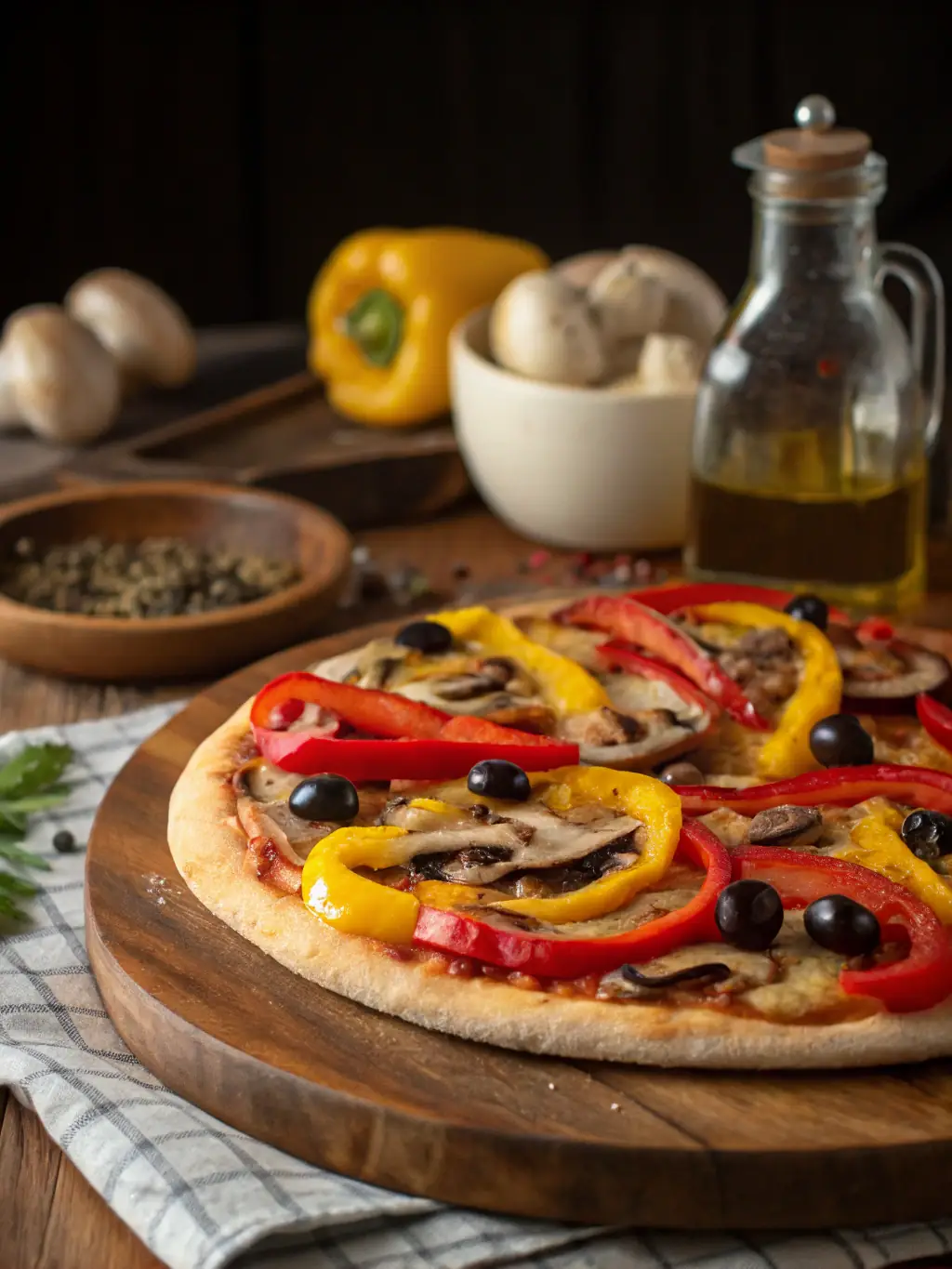 A vibrant image of a vegetarian pizza loaded with colorful vegetables like bell peppers, mushrooms, onions, and olives, highlighting the fresh and healthy options at Freshslice Pizza.