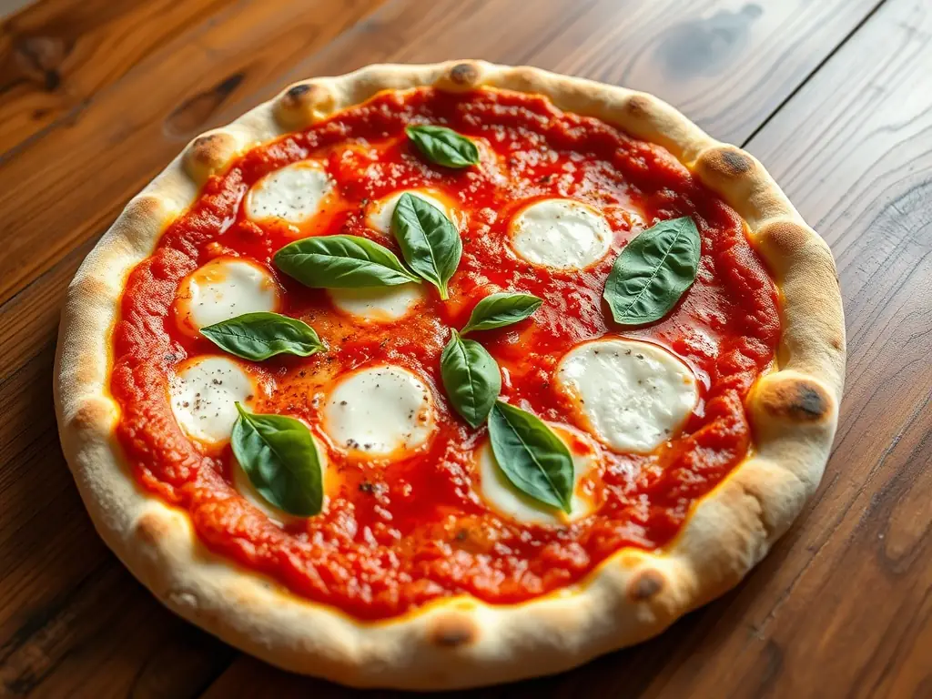 A close-up shot of a freshly baked Freshslice Pizza Margherita, showcasing the vibrant red tomatoes, melted mozzarella cheese, and fresh basil leaves on a crispy thin crust.